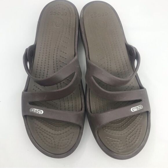 Crocs Swiftwater Brown Strappy Rubber Wedge Slide Slip On Sandals - Picture 5 of 15
